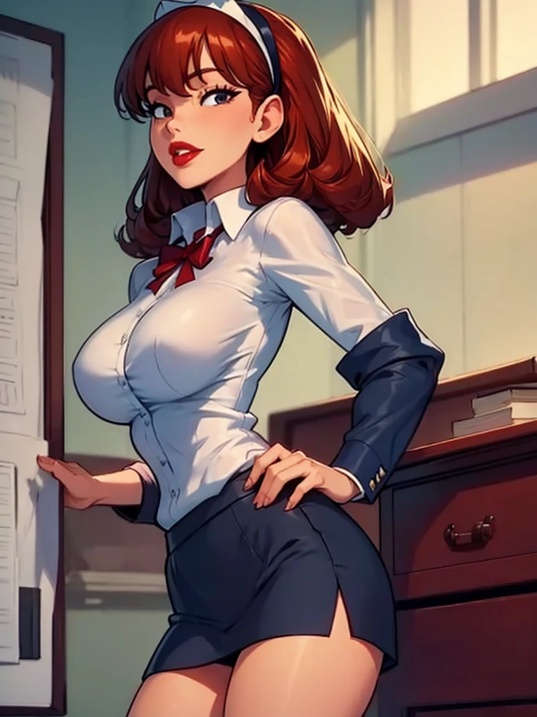 Sharona, wearing a navy office suit, white shirt, navy skirt,red lips,hairband, black tights, high quality, 