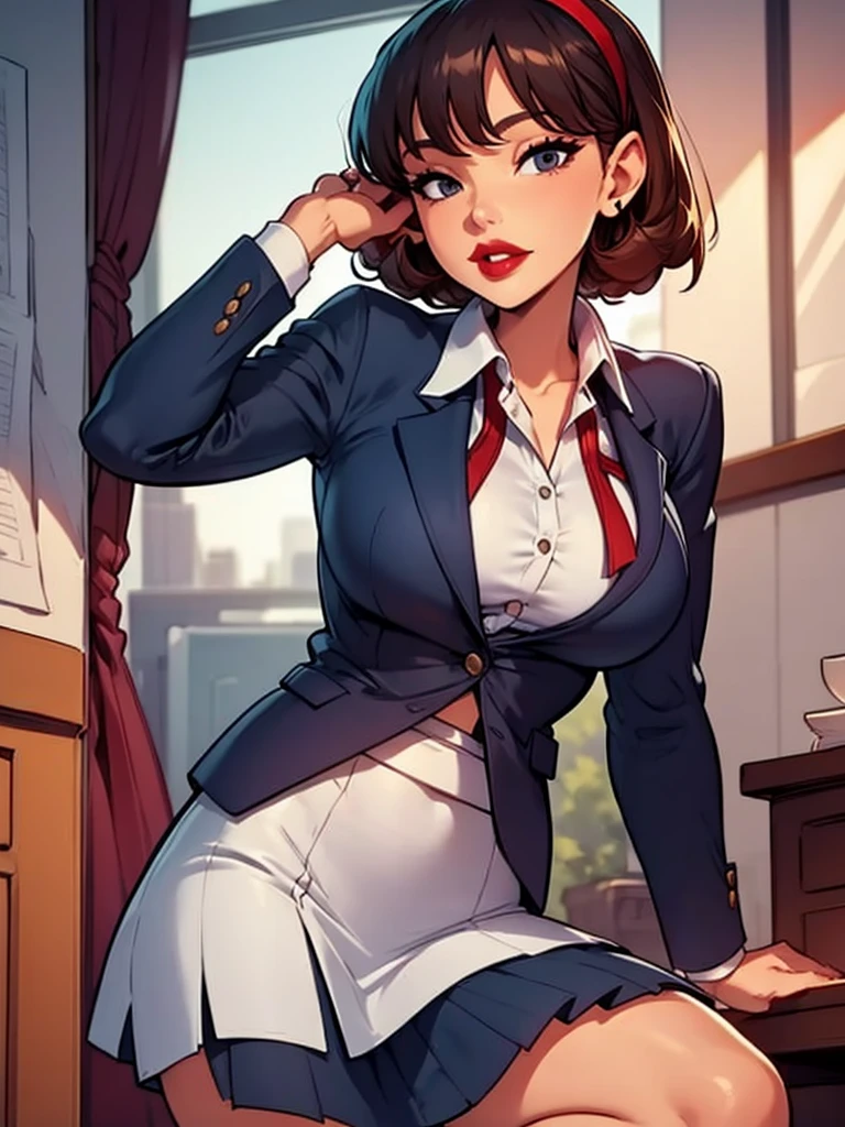 Sharona, wearing a navy office suit, white shirt, navy skirt,red lips,hairband, black tights, high quality, 