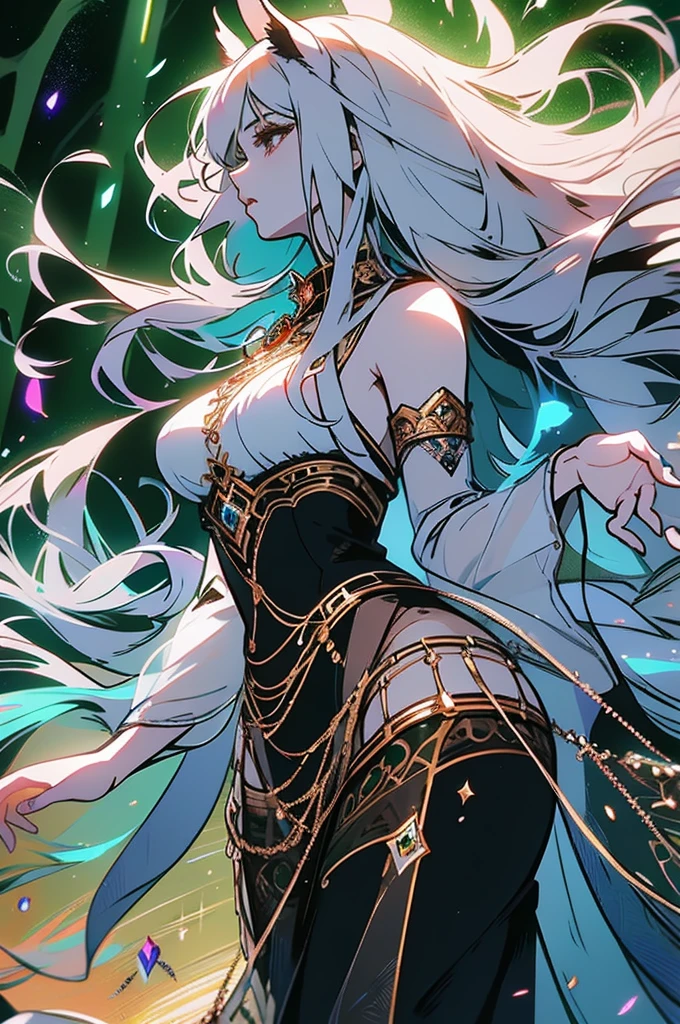 In a mesmerizingly vivid digital anime, a majestic centaur girl of ethereal beauty gallops through a mystical forest. The image captures the creature in breathtaking detail, with shimmering silver fur, flowing mane of iridescent colors, and eyes that sparkle like twinkling stars. The intricate digital painting showcases the centaur's elegant form and graceful movement with stunning realism, evoking a sense of wonder and enchantment. Each pixel is carefully crafted, enhancing the otherworldly and divine essence of this mythical being.