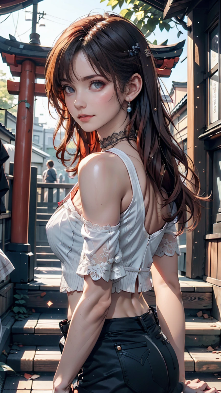 24-year-old female、Red hair、long hair、blue eyes、Two Side Up((hair two side up))、Off-the-shoulder tops、I can see my belly button、Low-rise miniskirt、Lace-up sandals、Lace-embellished choker、Xin Haicheng、「Your Name。」、Located in Yotsuya, Tokyo「Suga Shrine」、The view when looking back from the top of the stairs、
