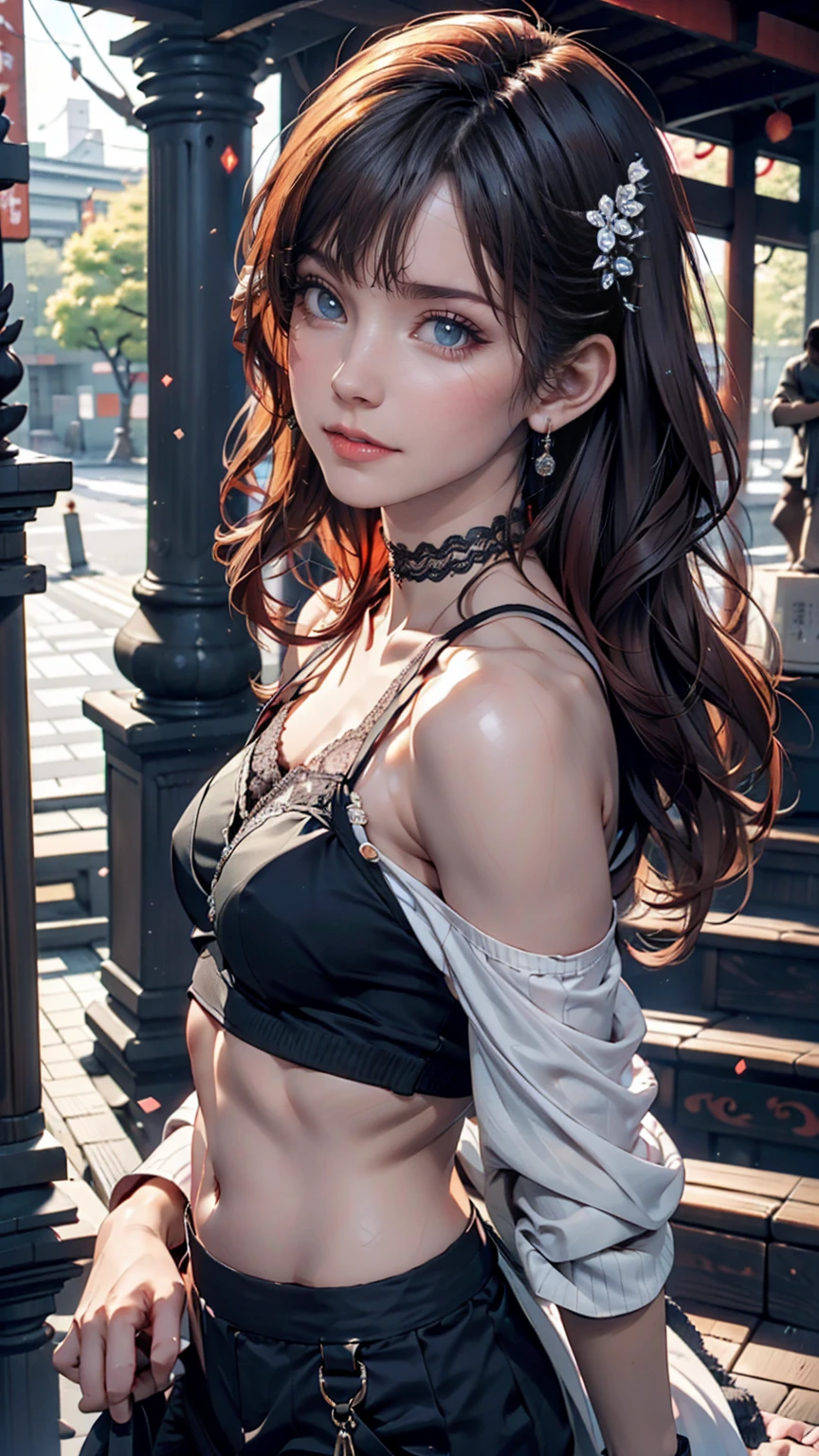 24-year-old female、Red hair、long hair、blue eyes、Two Side Up((hair two side up))、Off-the-shoulder tops、I can see my belly button、Low-rise miniskirt、Lace-up sandals、Lace-embellished choker、Xin Haicheng、「Your Name。」、Located in Yotsuya, Tokyo「Suga Shrine」、The view when looking back from the top of the stairs、