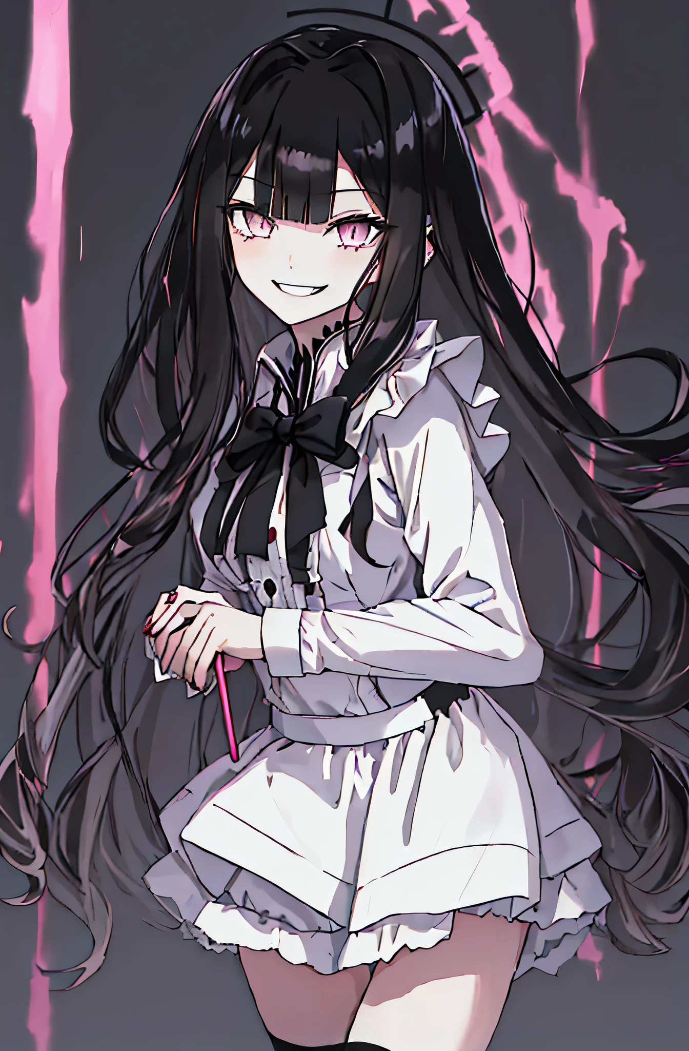 (solo), (girl),(((adult))), (pink eyes),(black long hair),(blunt bangs),(+perfect hand+:1.21),(Draw an illustration of cute girl),(slender),white skin,(white and black maid clothes),laugh,smile,((((adult)))),standing , black and white clothes,((black long hair)),((black long hair)),((black long hair)),((black long hair)),((dynamic angle)),(dynamic pose), hall,evil smile,