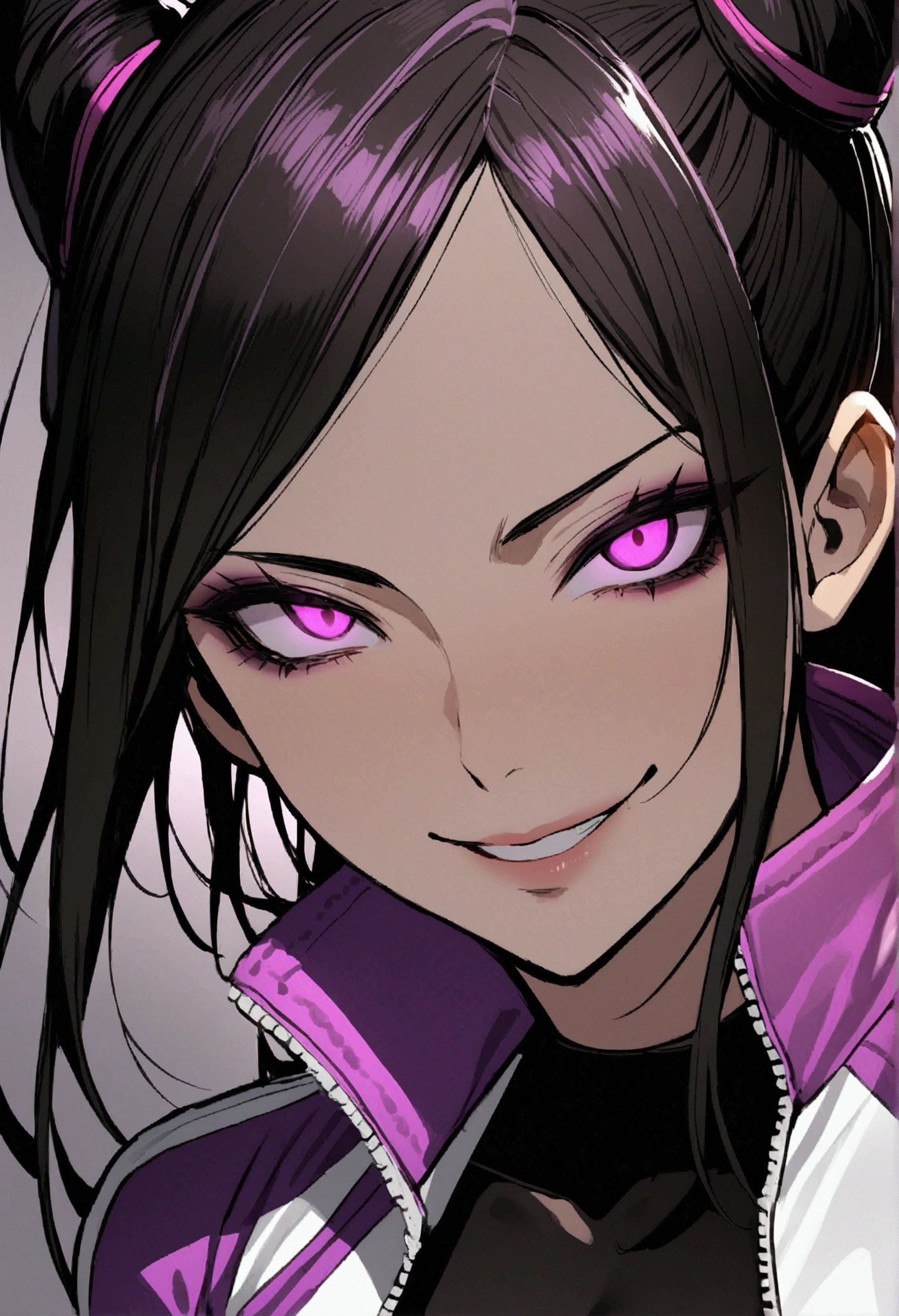 juri han,dark eye shadow,shining eyes,beautiful young fitness woman with , in a gym wearing May with black pantyhose, tight white and purple gym jacket. standing alone,hair horns,glowing purple eyes,Evil smile,legging preto ,labiaa,dark eye shadow,shining eyes,close up