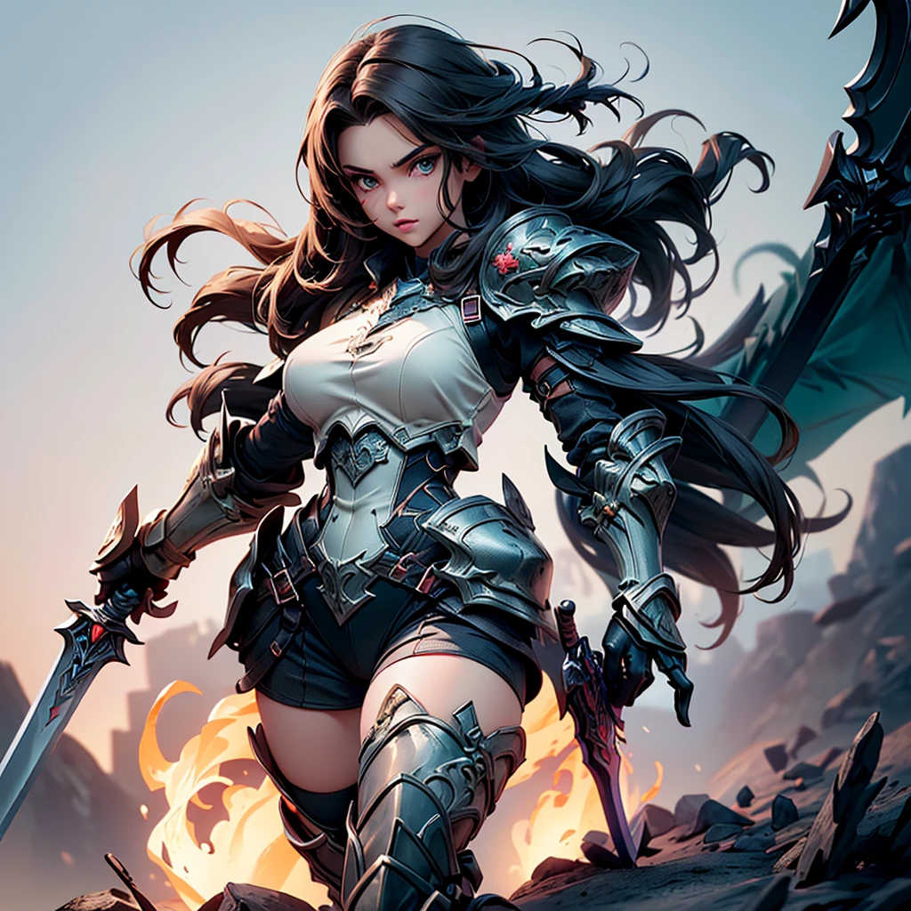 (((masterpiece, best quality, high detailed, 8k))) Design a layout showcase Gaming character, (1girl). Black dragon armor, extremely detailed, stylish and unique. ((showcase weapon:1.4)), shield and sword, with a black fire aura. (masterpiece:1.2), (best quality), 4k, ultra-detailed. (Step by step design, layout art:1.5), (luminous lighting, atmospheric lighting). dragon warrior, ((glove full hands)), (((revealing clothes:1.3))), vambraces, armored legwear, (((full_body_shot:1.4))). {In a fiery battlefield}