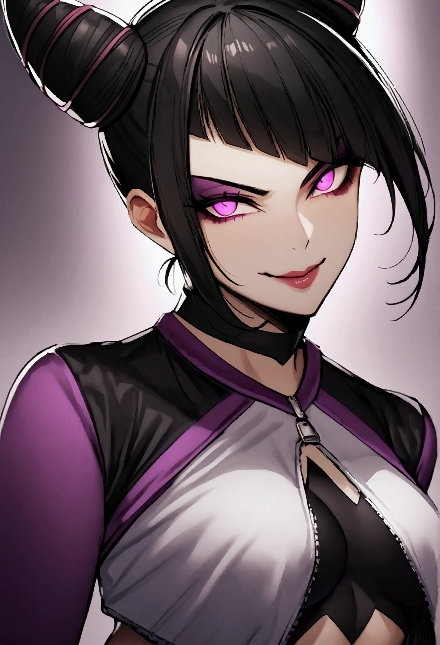 juri han,dark eye shadow,shining eyes,beautiful young fitness woman with , in a gym wearing May with black pantyhose, tight white and purple gym jacket. standing alone,hair horns,glowing purple eyes,Evil smile,legging preto ,labiaa,dark eye shadow,shining eyes,close up