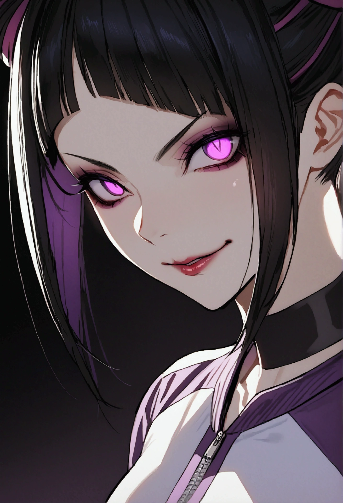 juri han,dark eye shadow,shining eyes,beautiful young fitness woman with , in a gym wearing May with black pantyhose, tight white and purple gym jacket. standing alone,hair horns,glowing purple eyes,Evil smile,legging preto ,labiaa,dark eye shadow,shining eyes,close up