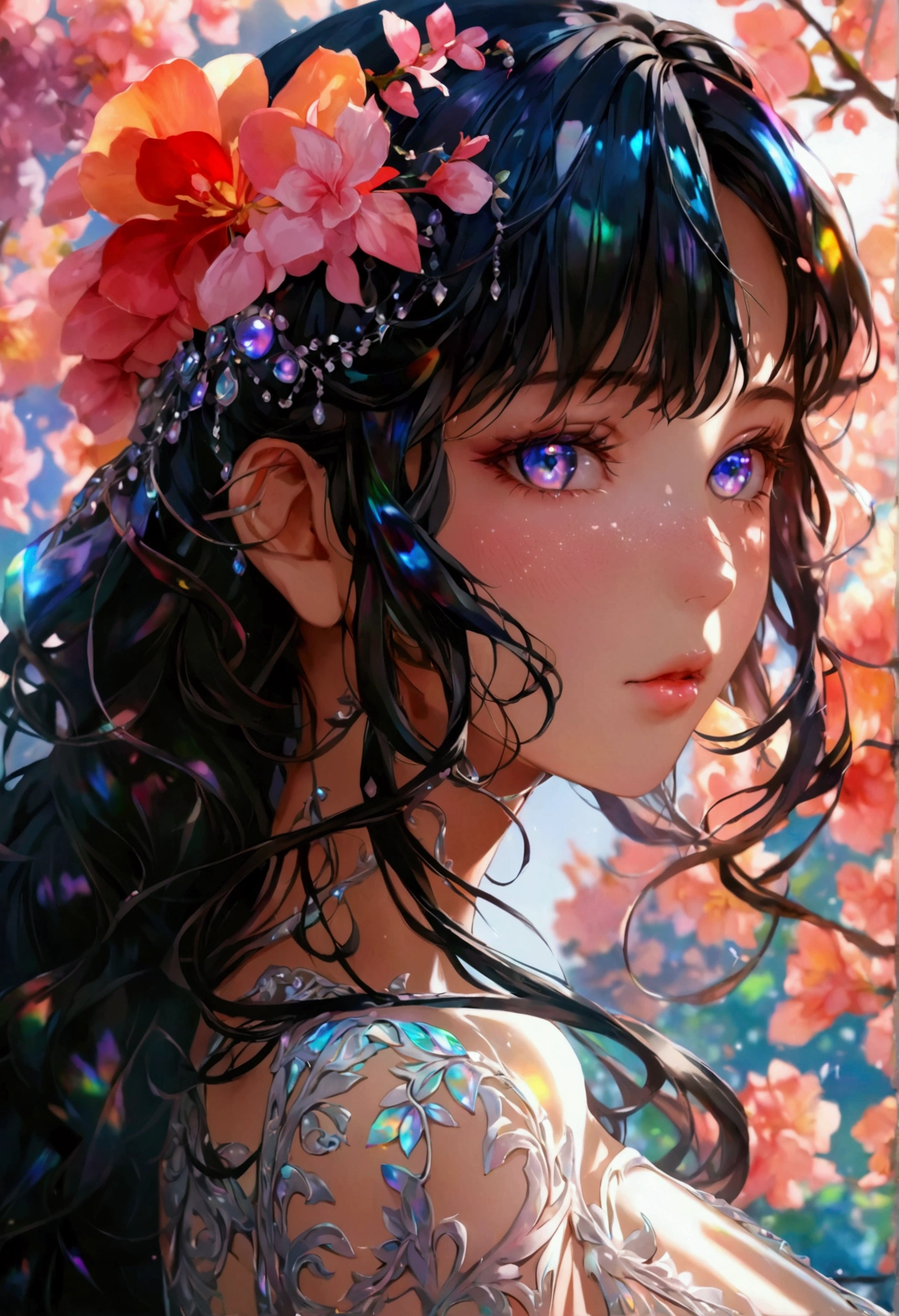 Anime girl,dark iridescent hair, iridescent eyes,hour glass body figure, stringlaced,detailed hair, detailed face,best quality, high resolution, 8k