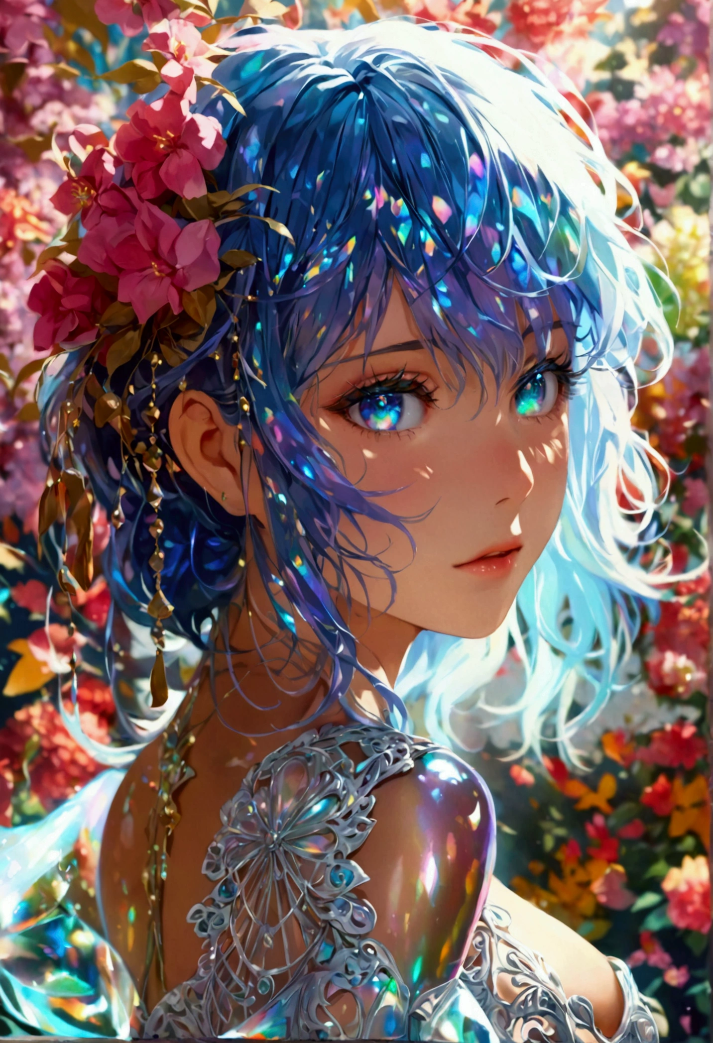 Anime girl,dark iridescent hair, iridescent eyes,hour glass body figure, stringlaced,detailed hair, detailed face,best quality, high resolution, 8k