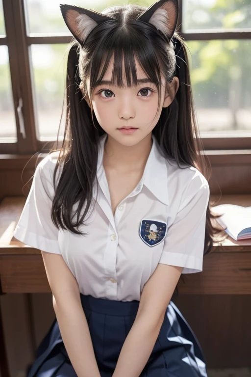 (Fox Earasterpiece,Highest quality,High resolution,Very detailed, (Very detailedな目, Very detailedな顔)、Fox Ears、((Browsing Caution))、(((Open the front of the shirt wide)))、((Cleavageを見せる))、Small breasts、Beautiful medium milk、(Cleavage)、(I can see your thighs)、((Short skirt))、(A cute 15 year old girl wearing a uniform sitting at a desk、Japanese、Japanese、Japanese girls uniform、Surreal、Medium Hair、Beautiful 15 year old school girl、Cute school girl、学校のをwear、リアルなYoung Gravure Idol、wear、Young and beautiful gravure idol、Surreal 、Young Gravure Idol