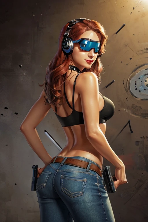 ((shooting pistol)),((target practice, shooting range:1.4)).(sultry eyes, flirty smile:1.2).(ultra realistic illustration:1.3).Sexy 23yo French woman, dyed red hair, green eyes. fit, natural perky breasts, perfect round ass, (suntan). (bangs, long hair:0.8), red lipstick, ponytail, ((safety goggles, headphones)), choker, lace tank top, jeans, high heels. Masterpiece, best quality,(highly detailed:1.2),(detailed face and eyes:1.2), 8k wallpaper, depth of field, natural lighting. core shadows, high contrast, bokeh.(rule of thirds), cinematic, atmospheric, contrast, intricate,