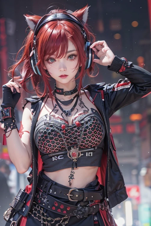 No sleeve、tattoo、真っred、本当にredい、red、red-haired、corruption、red hairs、Headphones、🎧、Goth_punk, One Girl, alone, Medium Shot, Stroll around Harajuku, ((At night)), Bokeh Depth of Field, Neon Light, 虹のeye, Starry Sky, red glowing hair, Black eyebrows, Radiant hair, (iridescent red hair), 耳Nipple Ring, prohibit, gem, mask, 鈍い前hair, Field'eye, 口mask, Blurred背景, Blurred, hair adornments, Look at the viewers, shorth hair, Portraiture, Side Lock、Goth、(Tabletop), (Portraiture), (beautiful), (beautiful), (Upper blood), (high quality), (beautiful衣服), (Professional perspective), (Three-part method), (feminine), (woman), (woman), (beautiful),(feminine features), (Age 25), alone, woman1名, (Charming punk girl), Winters, Dramatic Light, ((I'play the guitar)), (Are standing), anddgy makeup, (Small breasts), ((Electric guitar)), (front), (resistance的な表情), ((resistance)), (レザージャケットとtattoo), ((Short hair)), (dyed (and.G. and pink) hair), (spiky hair), (Thick hair), Matte shine hair, (Hair bands scattered in the hair), (Green eyes), (A bold and daring look), (Pale skin), (Dark clothing), (Band T-shirts), (Ripped jeans), (-), Crew neck), ((Urban alley background)), (Close-up shot), beautiful hands, both hands, Normal hand, Two Arms, Complete Hand, beautiful body, beautiful fingers, Normal finger, Five Fingers, Five Fingers, (Thumb Index Finger Ring Finger), beautiful ears, Normal ear, beautiful eyes, 輝くeye, beautiful mouth, beautiful lips,