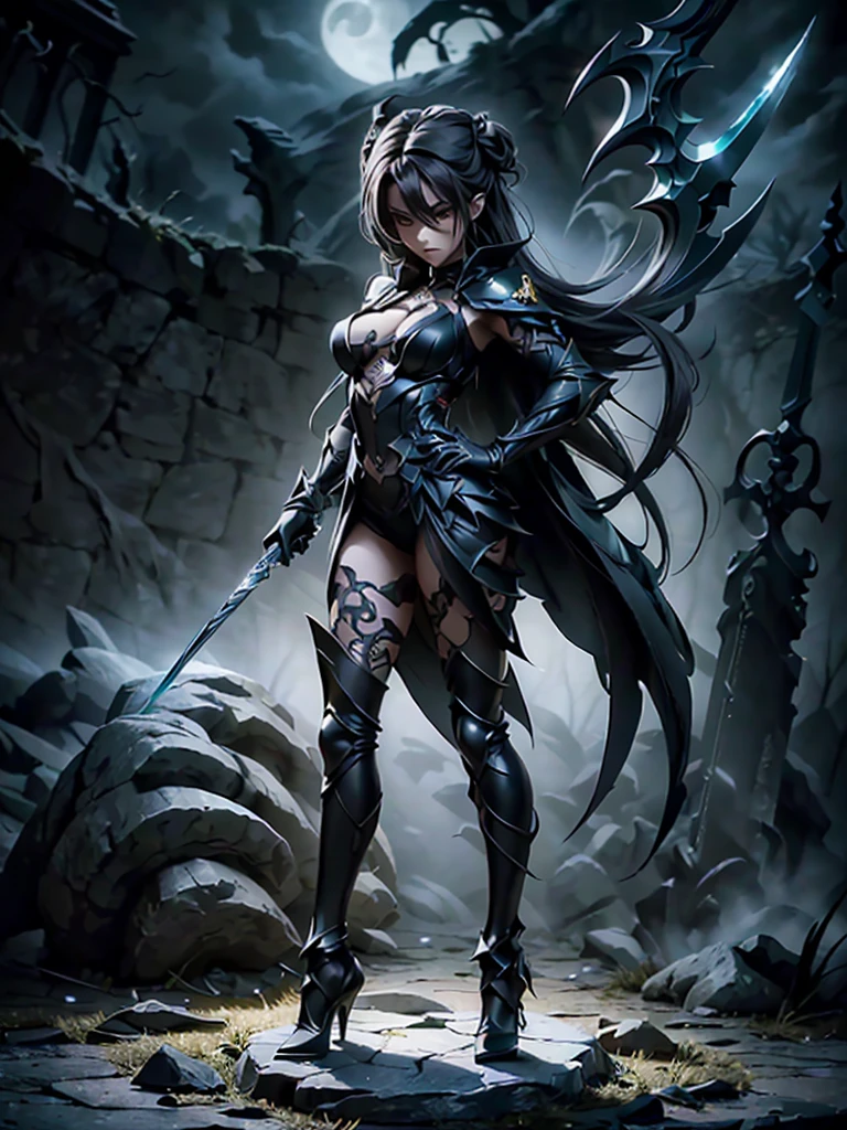 
(((masterpiece, best quality, high detailed, 8k))) Design a layout showcase Gaming character, (1girl). Black|Gold clothes, stylish and unique. ((showcase weapon:1.4)), dark scythe. (masterpiece:1.2), (best quality), 4k, ultra-detailed. (Step by step design, layout art:1.5), (luminous lighting, atmospheric lighting). necromancer, ((glove full hands)), (((revealing clothes:1.3))), vambraces, armored legwear, (((full_body_shot:1.4))). {In a haunted graveyard}.
