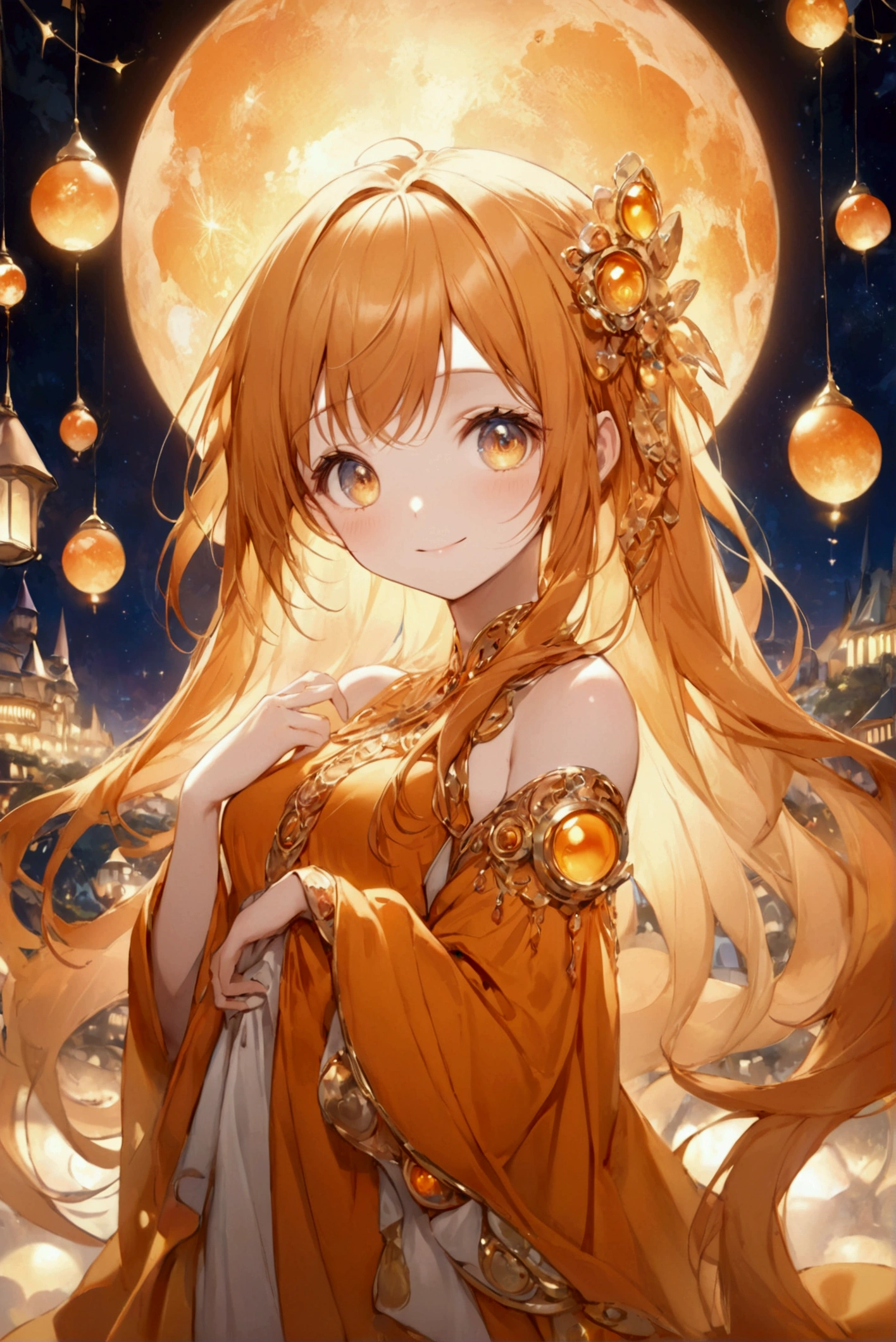 (Highest quality, 8k, 32K, masterpiece, Ultra-high resolution,:1.2),to be born, One Girl,So cute , A fantasy background resembling a nighttime electronic world, clear, Shining Eyes, Age 25 ,Fair skin, Orange Girl, Fantasy Clothing, Long Hair, An innocent smile