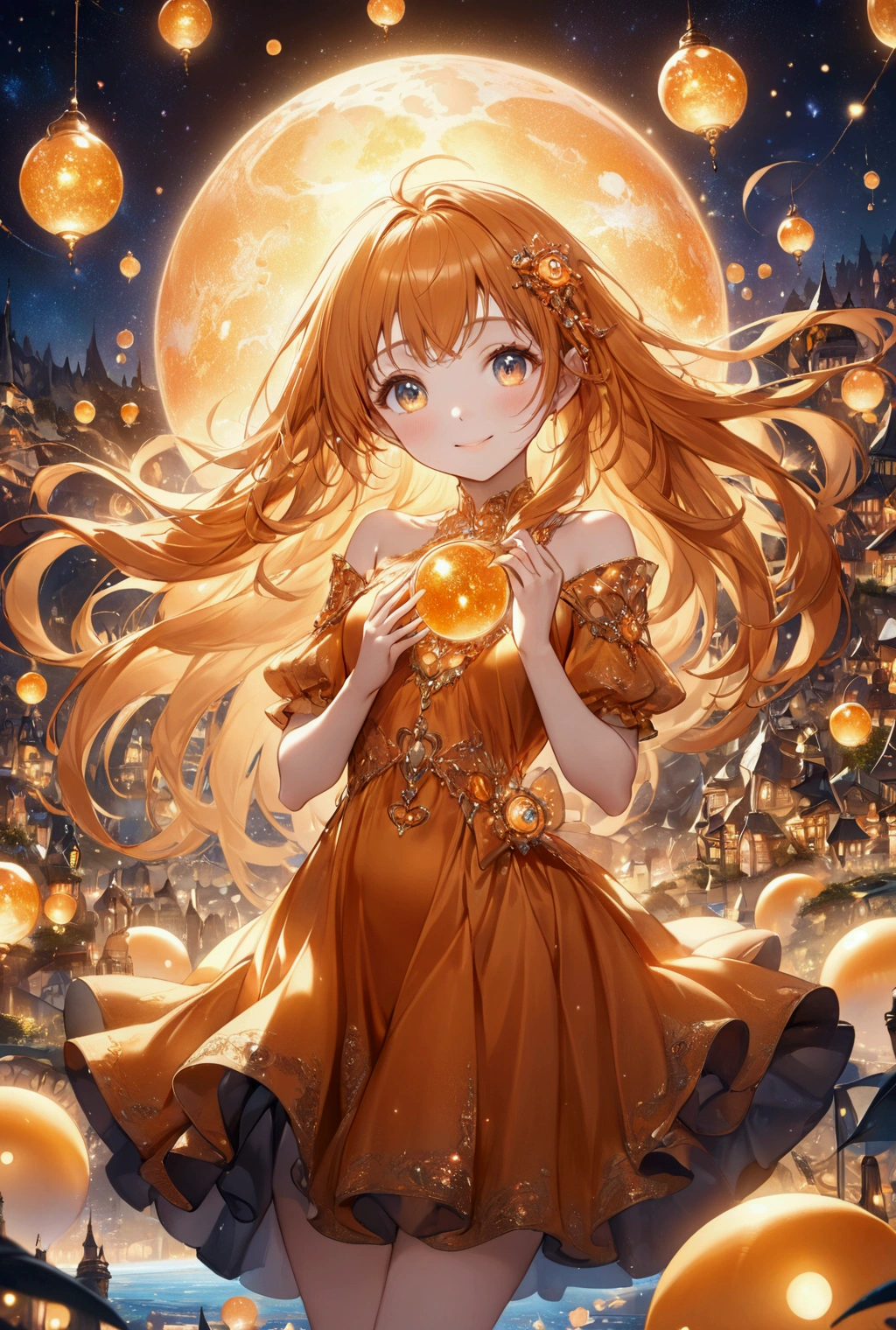 (Highest quality, 8k, 32K, masterpiece, Ultra-high resolution,:1.2),to be born, One Girl,So cute , A fantasy background resembling a nighttime electronic world, clear, Shining Eyes, Age 25 ,Fair skin, Orange Girl, Fantasy Clothing, Long Hair, An innocent smile