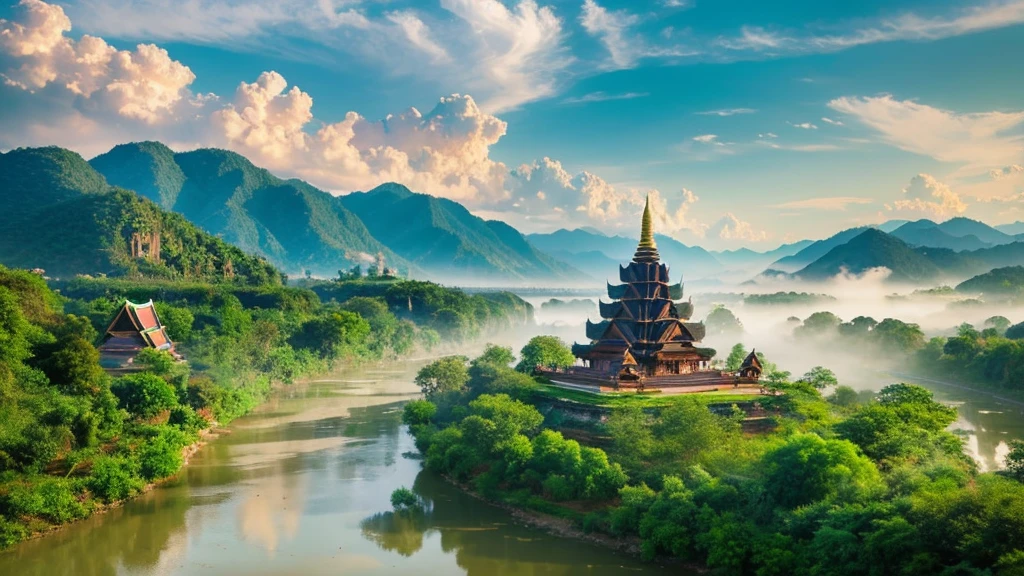 Natural beauty, Ancient village of Thailand. river, mountain. cloud, Temple. Aerial view,mystical beauty, 8k