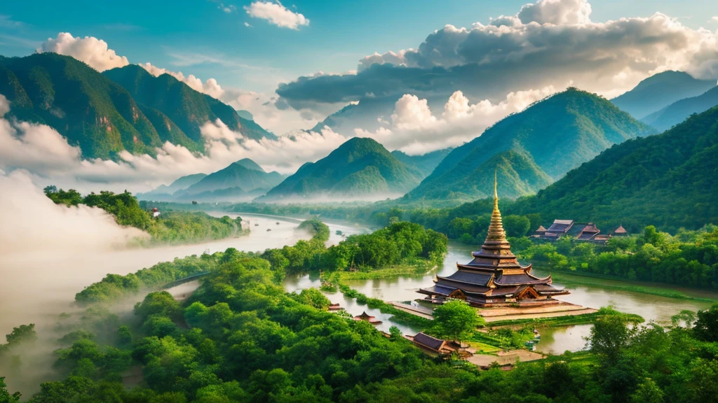 Natural beauty, Ancient village of Thailand.  river, mountain. cloud, Temple. Aerial view,mystical beauty, 8k