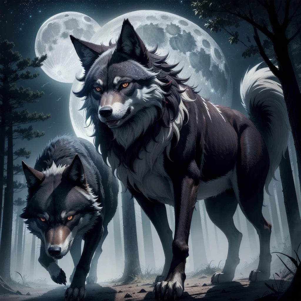 wolf, 3 wolfs, forest, midnight, moon, full moon, trees, dark, darkness, Red eyes, cowboy shot, anime, 1 wolf look at the camera, the 2 other wolfs are next to him but not too close, on voit les 3 loups entièrement aggressive, wicked, tooth, canine, one wolf had tooth out, celui la est le mal alpha qui montre sa dominance