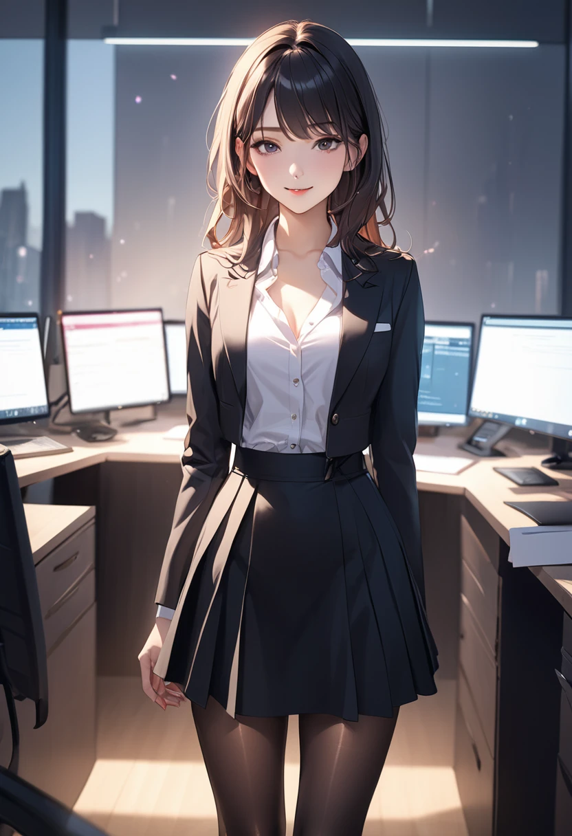 (masterpiece:1.5),(Beat quality),(high res),1girl solo,beautiful face,smilelight effects,SuitMini SkirtBlack PantyhoseWomen,office