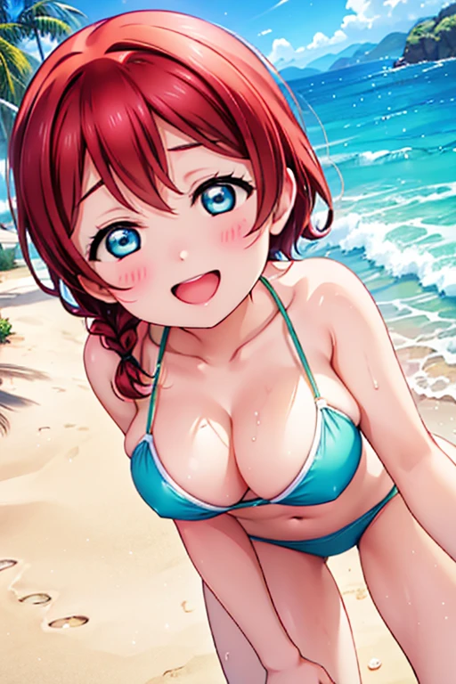 lovelive、Emma green、cute、Super big breasts、smile、Ocean、Sandy Beach、Green Bikini、Redhead braided hair、Semi-short hair、Blue Eyes

