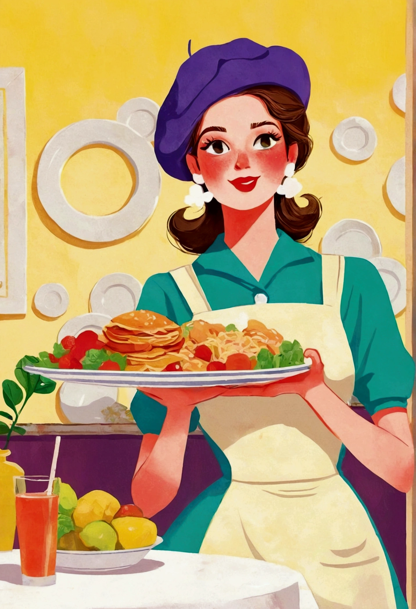 there is a woman that is holding a plate of food,Berets, commercial illustration, editorial illustration colorful, editorial illustration, flat illustration, 1950s illustration style, illustration style, 2d illustration, 2 d illustration, retro illustration, colorful illustration, ( Waitress ) girl, character illustration, full color illustration, #illustration, stylized digital illustration, colorfull illustration