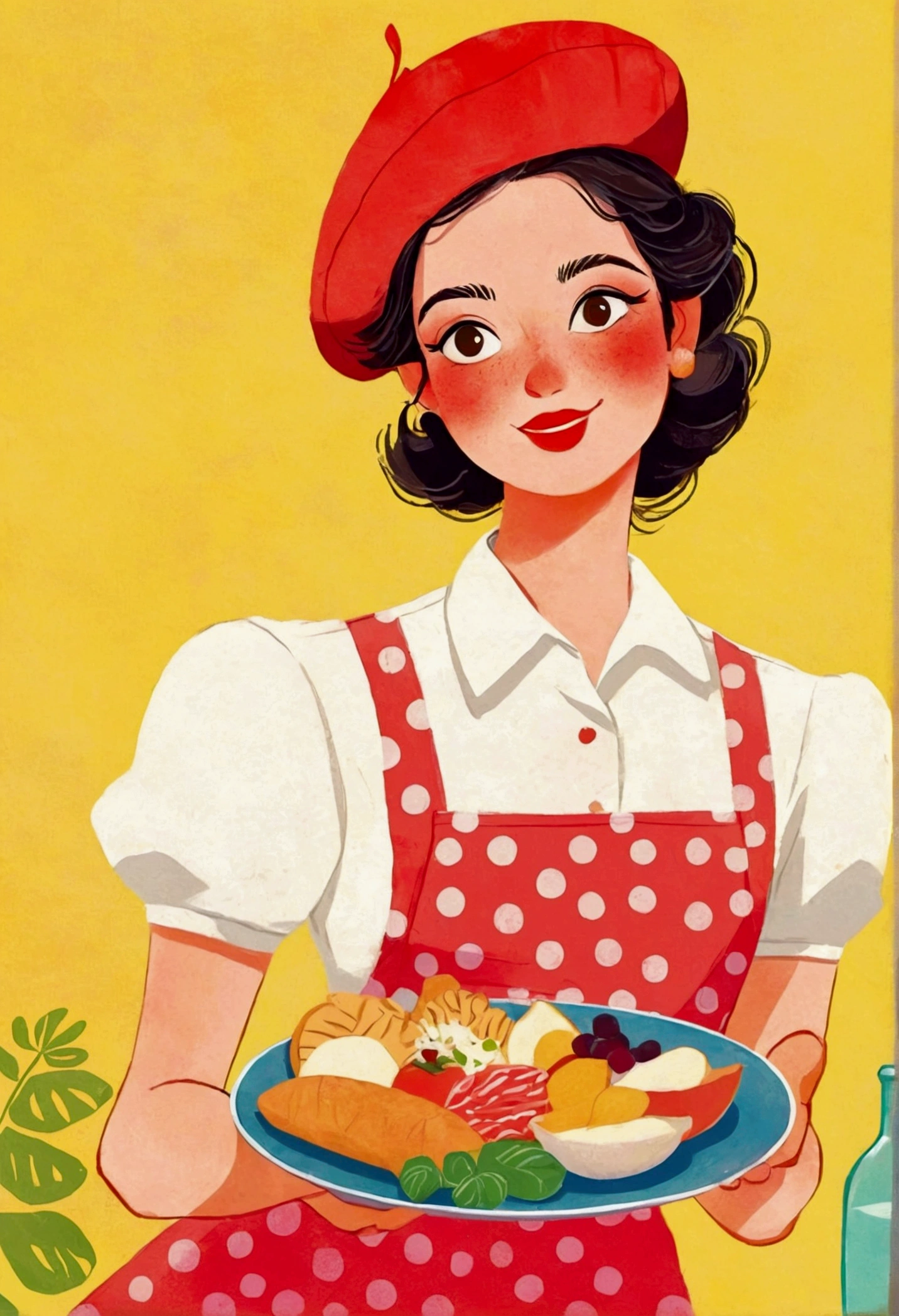 there is a woman that is holding a plate of food,Berets, commercial illustration, editorial illustration colorful, editorial illustration, flat illustration, 1950s illustration style, illustration style, 2d illustration, 2 d illustration, retro illustration, colorful illustration, ( Waitress ) girl, character illustration, full color illustration, #illustration, stylized digital illustration, colorfull illustration