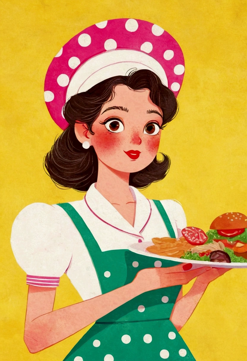 there is a woman that is holding a plate of food,Berets, commercial illustration, editorial illustration colorful, editorial illustration, flat illustration, 1950s illustration style, illustration style, 2d illustration, 2 d illustration, retro illustration, colorful illustration, ( Waitress ) girl, character illustration, full color illustration, #illustration, stylized digital illustration, colorfull illustration