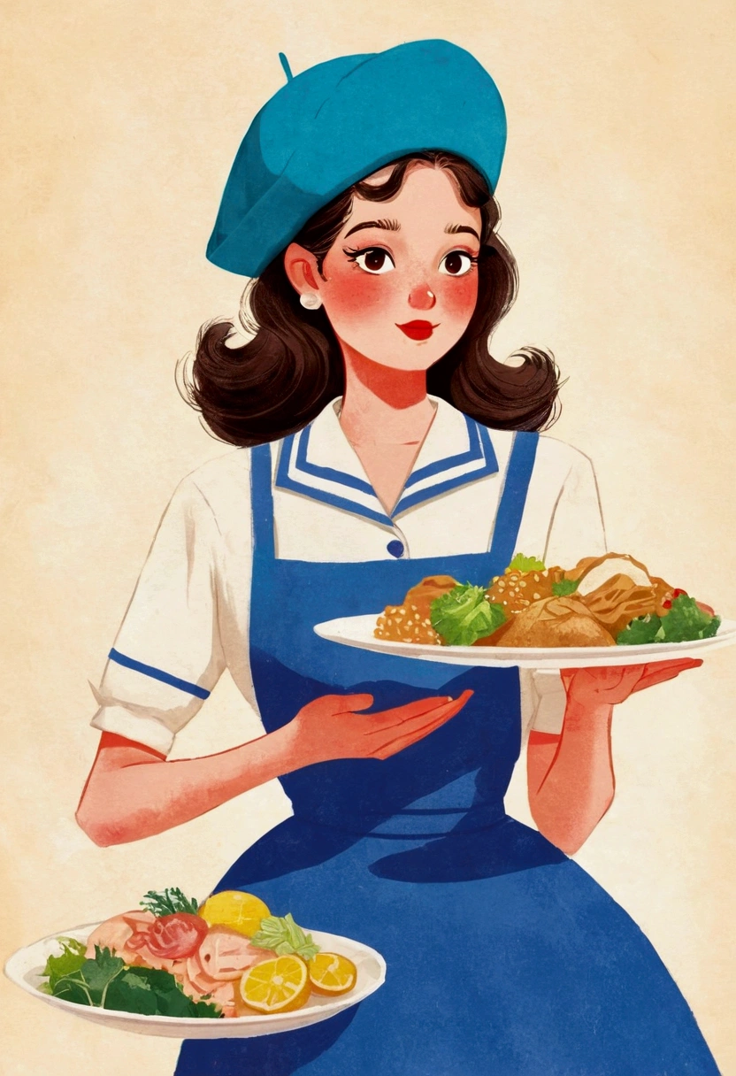 there is a woman that is holding a plate of food,Berets， commercial illustration, editorial illustration colorful, editorial illustration, flat illustration, 1950s illustration style, illustration style, 2d illustration, 2 d illustration, retro illustration, colorful illustration, ( Waitress ) girl, character illustration, full color illustration, #illustration, stylized digital illustration, colorfull illustration