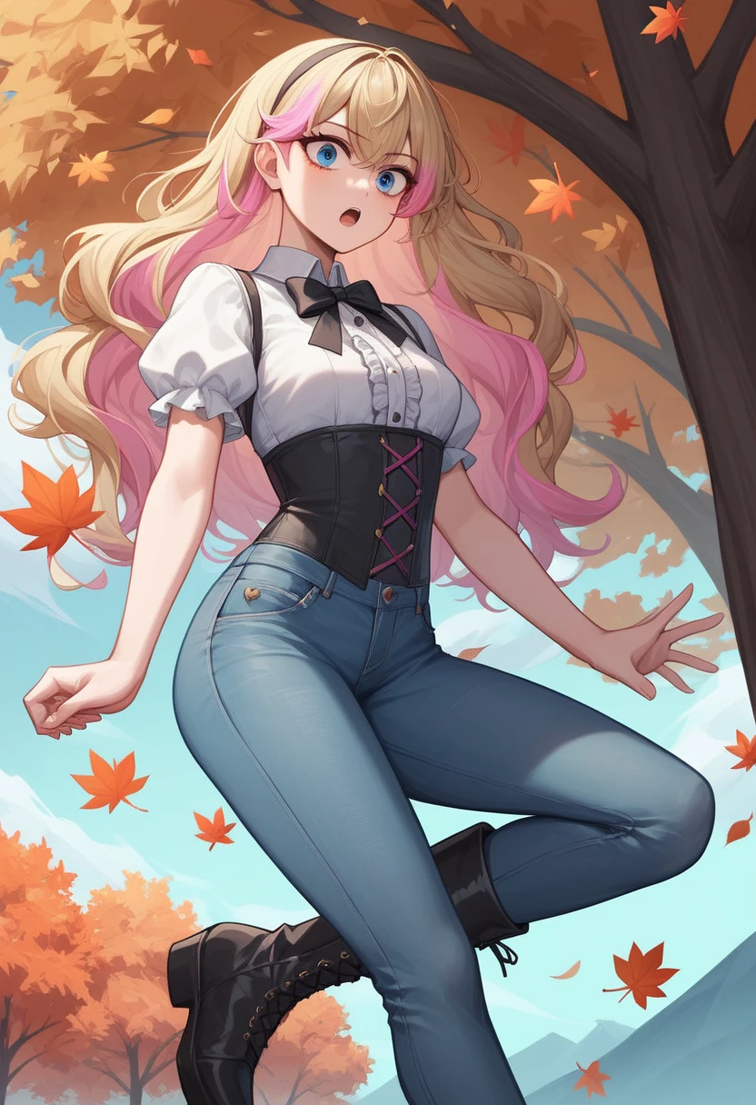 Illustration of a young, female teacher in an anime style. She has long, wavy blonde hair with pink highlights, wearing a light blue, ruffled blouse and a black corset over skinny tight jeans the color of a dark green. She is wearing black riding boots. Her expression is serious and slightly surprised. She has blue eyes and extends her hand forward holding a blue book with golden characters on the cover. The background shows a landscape transitioning from autumn to winter, with trees bearing both colorful autumn leaves and frosty branches, under a chilly, overcast sky.