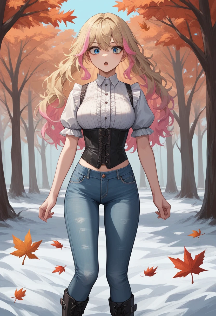 Illustration of a young, female teacher in an anime style. She has long, wavy blonde hair with pink highlights, wearing a light blue, ruffled blouse and a black corset over skinny tight jeans the color of a dark green. She is wearing black riding boots. Her expression is serious and slightly surprised. She has blue eyes and extends her hand forward holding a blue book with golden characters on the cover. The background shows a landscape transitioning from autumn to winter, with trees bearing both colorful autumn leaves and frosty branches, under a chilly, overcast sky.