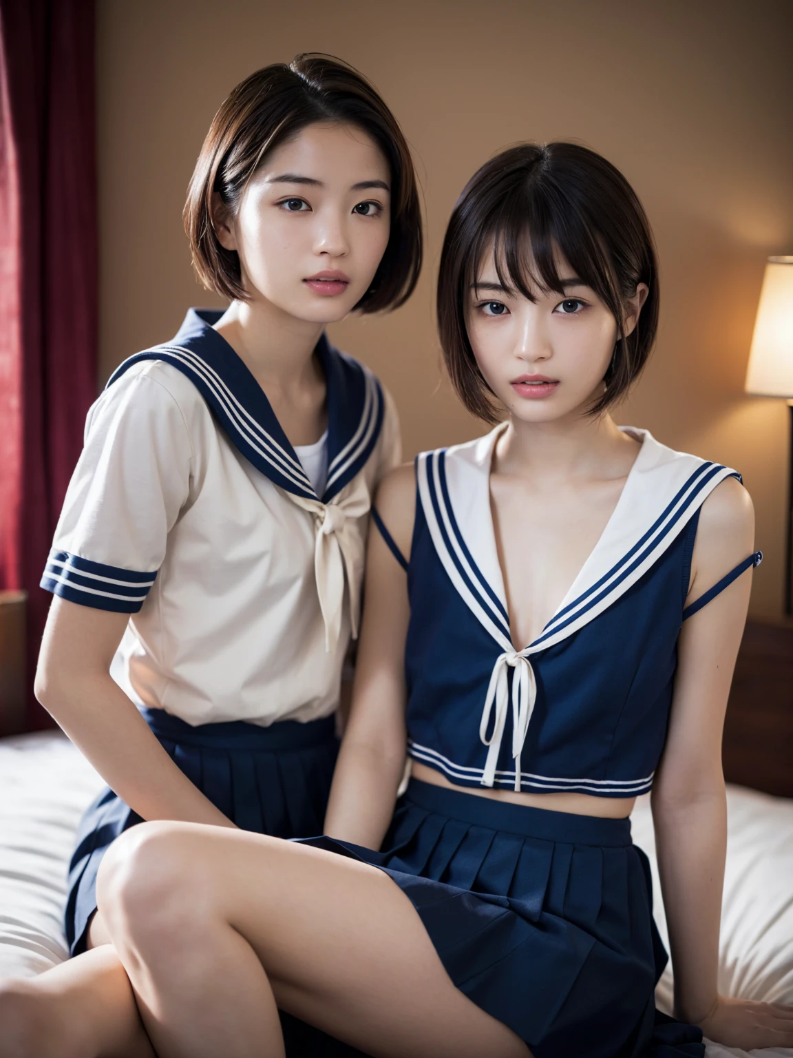 (masterpiece:1.2), Very detailed, Ultra-high resolution, (Realistic, photo Realistic:1.6), High-resolution RAW color photos, Professional photos, Sharp focus:1.2, (Very detailed顔と肌の質感, Very beautiful eyes, Glossのある肌, Glowing Skin, Glowing Skin, Shining Face, Gloss, Oily skin, greasy face, Oily skin, greasy face,),, (real Glossのある肌 texture), Perfect Anatomy, Very detailed背景,((Hotel Bed)), (1 female), (1 female),25-year-old woman, Japanese women,Height: 160cm,(short hair, Straight hair, bangs, Brown Hair),(Flat Chest:1.6), (((Japanese high school girls uniform,Sailor suit,Knee-length skirt))),(((Strip uniforms:1.5、Erotic panties)))