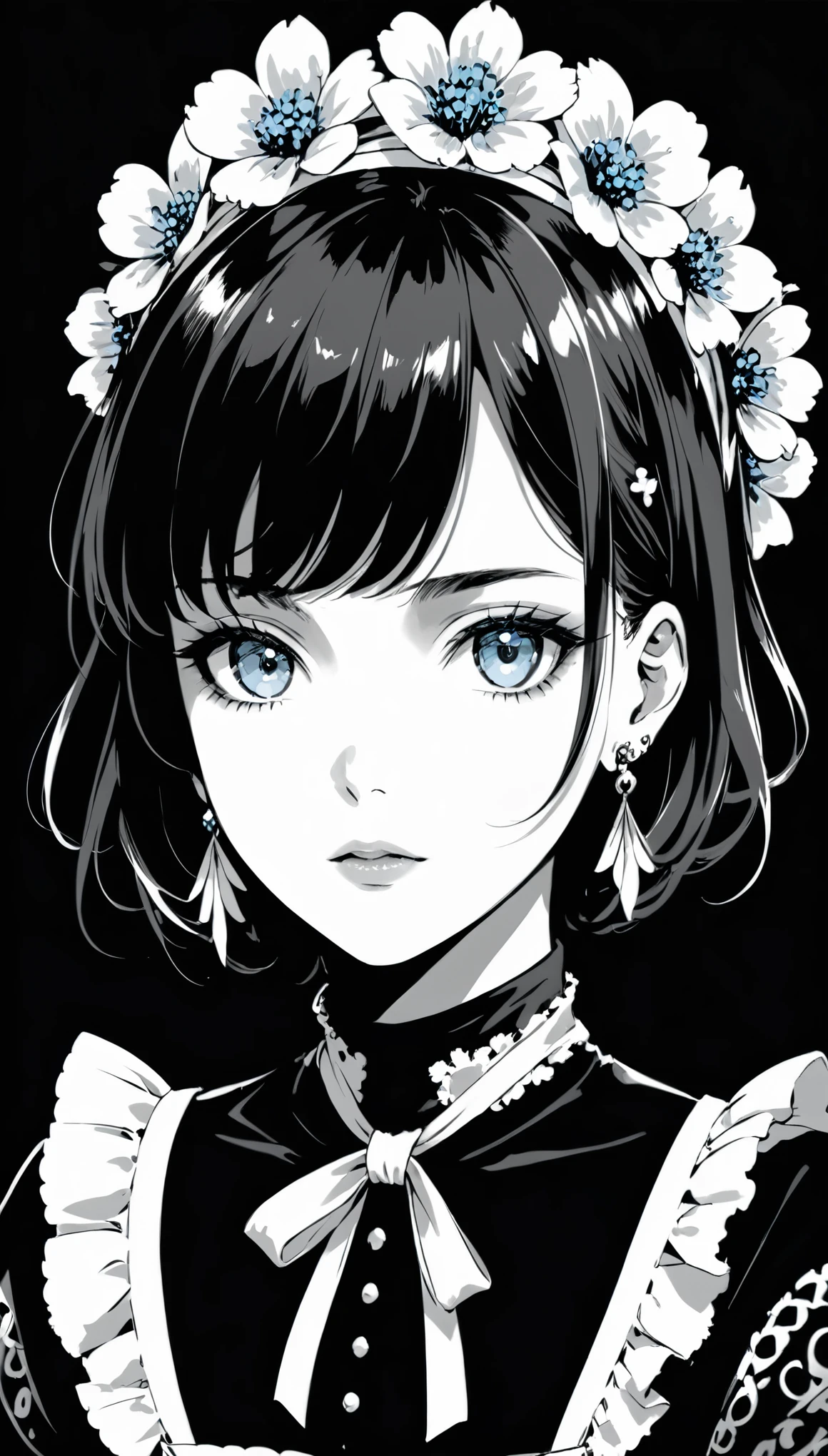 in style of Alma Woodsey Thomas,
1girl,solo,hair ornament,short hair,black background,looking at viewer,hair flower,flower,simple background,earrings,upper body,hairband,bangs,jewelry,ribbon,medieval turtleneck pattern maid set,neck ribbon,monochrome,black and white,pale blue pupils,(confusing art style:1.5),(messy brushstrokes:1.7),