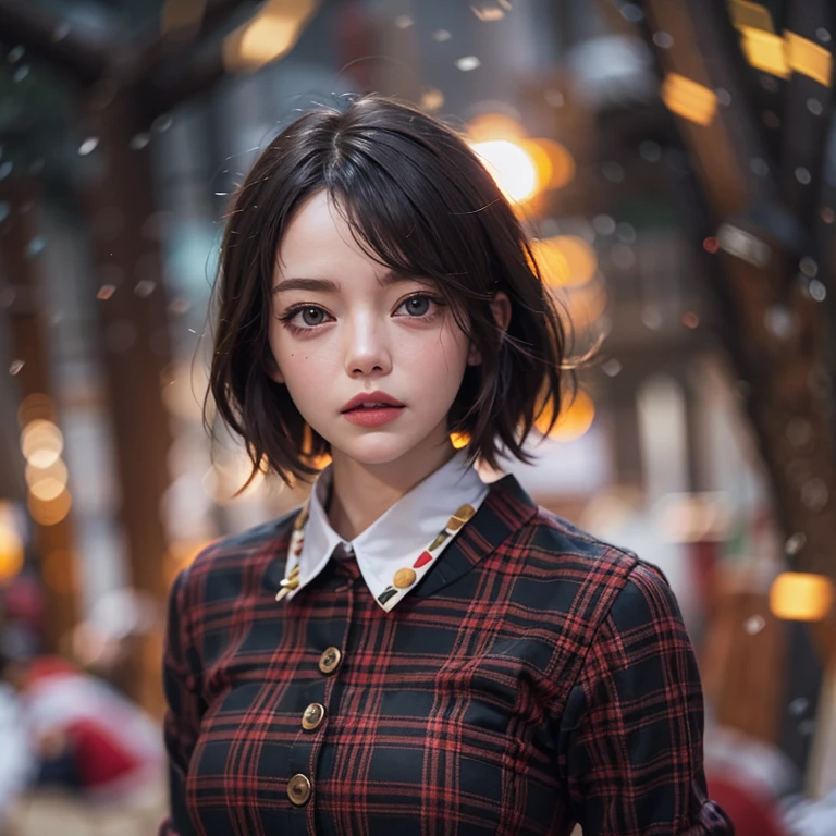 Emma Stone, black_hair, Blurred, Blurred_background, Blurred_prospect, Bokeh, chest, brown_eye, button_gap, buttons, Christmas_wood, chestof谷間, With collar_shirt, Cosplay_photograph, depth_of_Field, big_chest, lips,