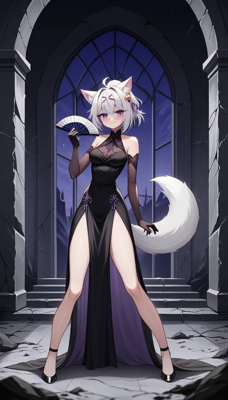 UHD, masterpiece, best quality, ((Night)), ((castle ruins)), ((battlefield)), ((destroyed empty throne)), ((destroyed walls)), broken glass, broken window, messy background, scary background, dramatic lighting, moody atmosphere, scary atmosphere, 1girl, solo, conservative pose, black gown with purple ribbon, high slit dress with purple lining design, very elegant dress, Filian, ((fox tail)), ((small cat ears)), white hair, short hair, long hair ponytail, ahoge, hairclip, hair bell, big round eyes, deep purple eyes, ((dark purple eyes)), blush, closed mouth, seductive smile, black lace arm sleeve, black gloves, slim arms, holding a very elegant hand fan, black lace stocking, slim legs, Eye-Level Shot, full body pose, elegant pose, front view