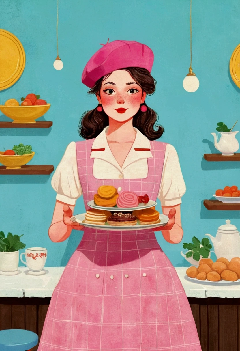 there is a woman that is holding a plate of food, Berets,concept art inspired by Wes Anderson, Trending on Behance, Childish Art, Business Illustration, Edit the illustration colorful, Edit the illustration, Flat illustration, 1950s Illustration style, Illustration style, 2D Illustration, 2D Illustration, Vintage illustration, ( Waitress ) girl, Color illustrations, character illustration of a