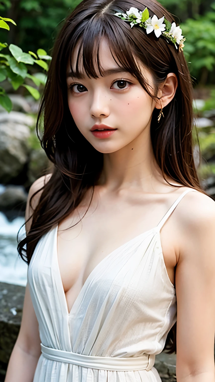 (Wearing a white summer dress、Close-up portrait of a slender, small-chested girl with long, wavy red-brown hair and blunt bangs:1.5)、(At the clear streams and waterfalls of Japan&#39;s forests、A girl playing with a shy smile:1.5)、(Beautiful blue sky and forest in summer:1.5)、(Blurred Background:1.5)、(8K ultra-detailed masterpiece:1.5)、(Perfect Anatomy:1.5)、(Photorealistic Stick:1.5)、(RAW Photos:1.3)、(Highest quality:1.5)、(High resolution:1.3)、(Delicate, beautiful and perfect face:1.3)、(Delicate and beautiful eye skin:1.3)、(Real human skin:1.3)、((Thin legs))