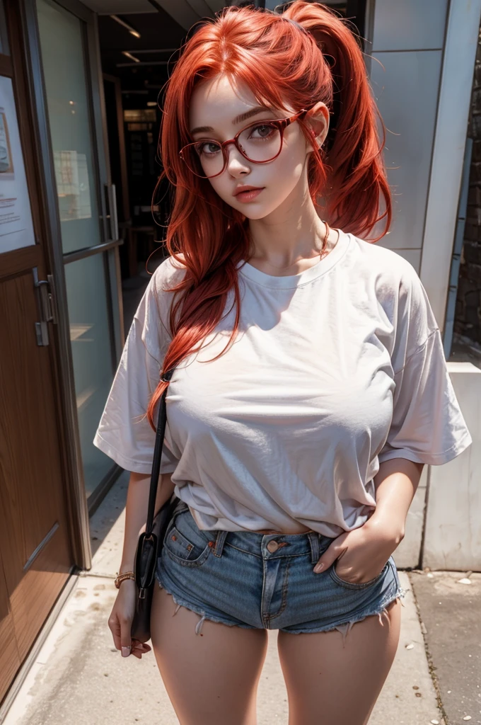 perfect face, cute girl, big breasts, red hair, ponytail, glasses, white oversized t-shirt, without pants, full body