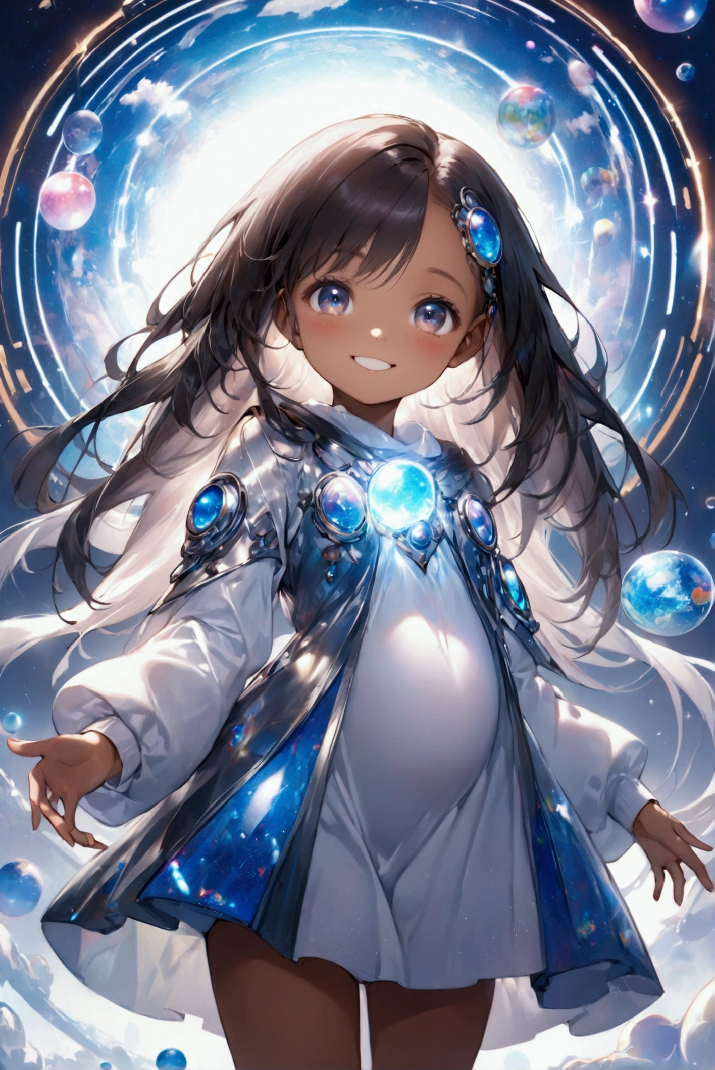 (Highest quality, 8k, 32K, masterpiece, Ultra-high resolution,:1.2),to be born, One Girl,So cute , A fantasy background reminiscent of an electronic world, clear, Shining Eyes, Age 25 ,Fair skin, Black Girl, Fantasy Clothing, Long Hair, An innocent smile