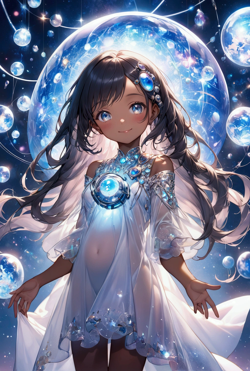 (Highest quality, 8k, 32K, masterpiece, Ultra-high resolution,:1.2),to be born, One Girl,So cute , A fantasy background reminiscent of an electronic world, clear, Shining Eyes, Age 25 ,Fair skin, Black Girl, Fantasy Clothing, Long Hair, An innocent smile