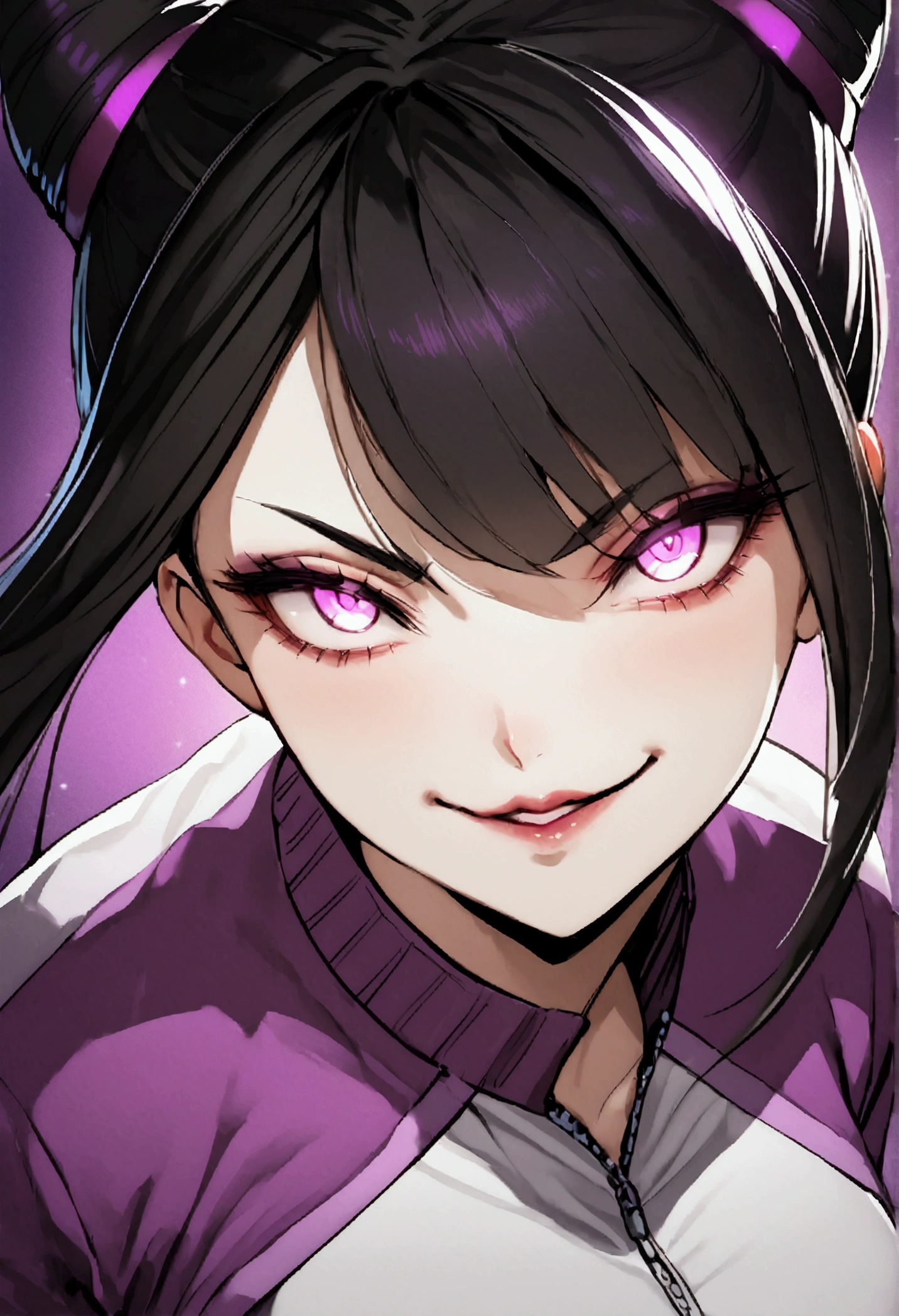 dark eye shadow,shining eyes,beautiful young fitness woman with , in a gym wearing May with black pantyhose, tight white and purple gym jacket. standing alone,hair horns,glowing purple eyes,Evil smile,legging preto ,labiaa,dark eye shadow,shining eyes,close up
