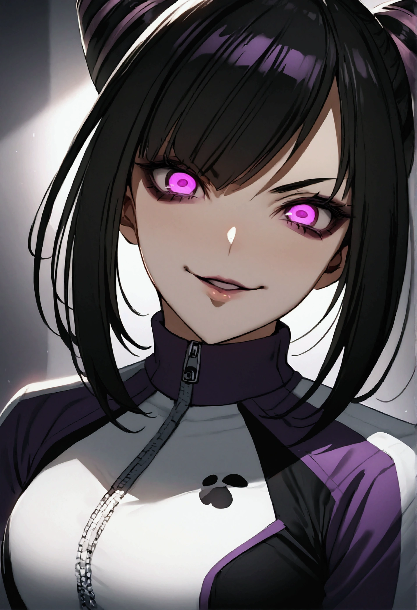 dark eye shadow,shining eyes,beautiful young fitness woman with , in a gym wearing May with black pantyhose, tight white and purple gym jacket. standing alone,hair horns,glowing purple eyes,Evil smile,legging preto ,labiaa,dark eye shadow,shining eyes,close up