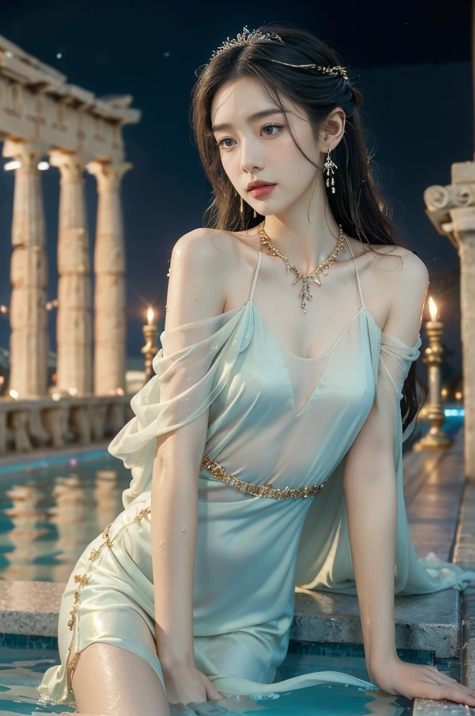 (((best quality))),(((ultra detailed))),(((masterpiece))),illustration,((1 beautiful girl,ancient greek princess,solo)),((earrings,crystal necklace)),(((sweat,wet,shiny skin))),((slim,thin)),((small breasts,flat chest)),(Gorgeous sheer dress:1.3),(slender legs:1.2),(((luxurious pool,grand temple,starry night sky))),summer,radiant complexion,(shoulder length straight hair:1.2),graceful,intricate patterns,embellishments,shimmering fabric,rainbow colors,gentle waves,fragrant oils,lush plants,elegant columns,serene ambiance,(surrounded by crowded crowds of attendants:1.3),ritual of cleansing,opulence,tranquility,solitude,busy life,timeless,enchanting image,essence of ancient greece,((from front,upper body))