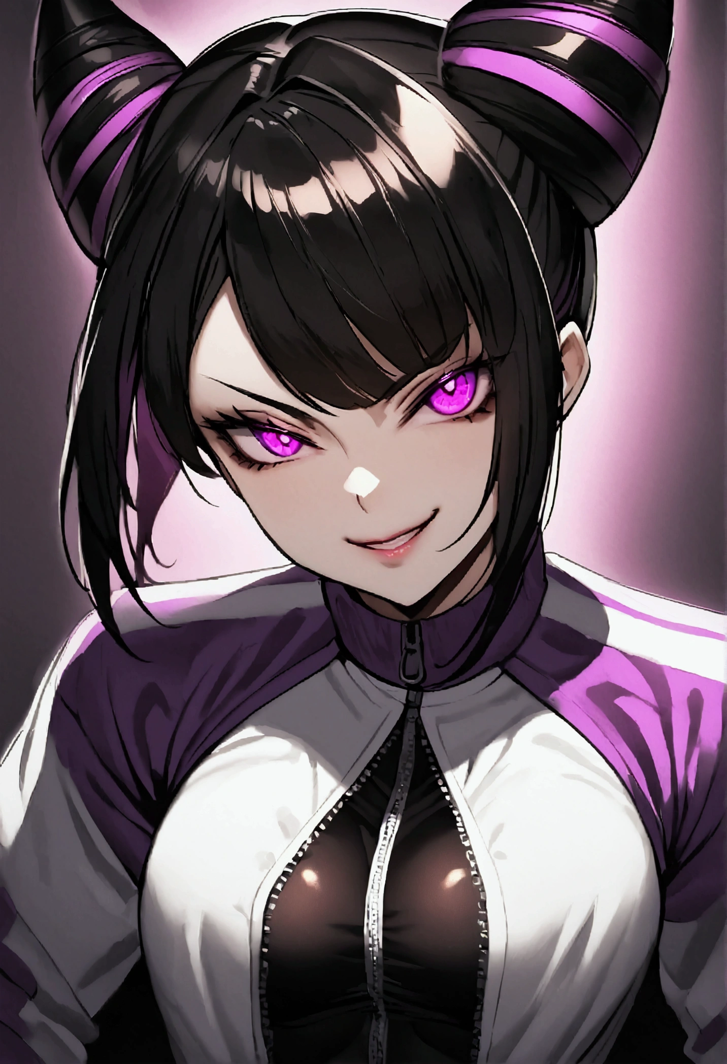 dark eye shadow,shining eyes,beautiful young fitness woman with , in a gym wearing May with black pantyhose, tight white and purple gym jacket. standing alone,hair horns,glowing purple eyes,Evil smile,legging preto ,labiaa,dark eye shadow,shining eyes,close up