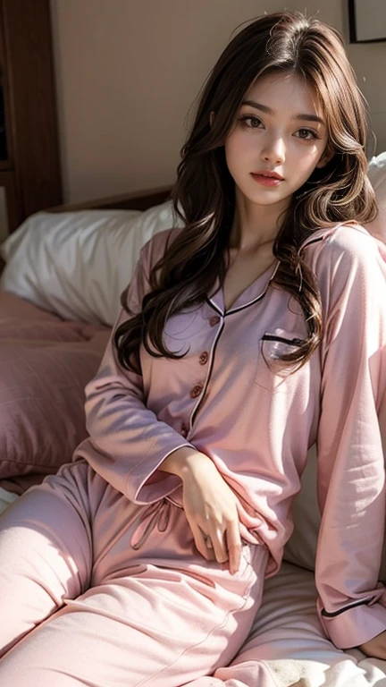 Sleeping girl, 22 years old, Realistic, She is wearing long pants, She is wearing pink pajamas, Brown Hair.