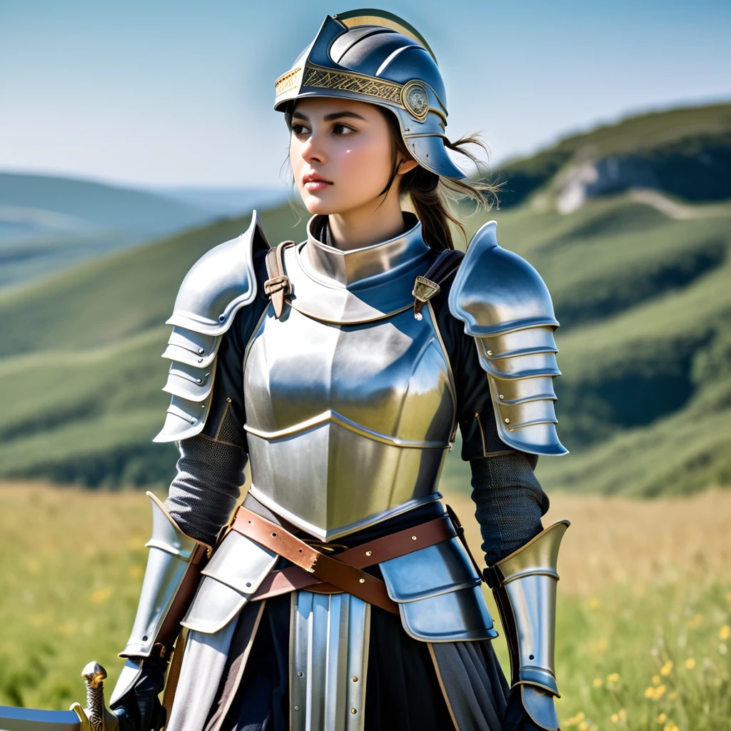 (((A baptized female knight from the future)))、(Absurd, Best HD images, Attention to detail and texture, Very detailed image, Solo characters only, aesthetics) {{(One character: Adult female infantry knight), (Face under helmet visor), (Greek-style silver-colored steel helmet with gold trim, Silver-grey helmet ponytail, Large, eye-catching silver epaulettes, Bulky silver breastplate, Silver Steel Elbow Plate, Silver Steel Gauntlet, Silver steel armor waist, Golden Belt, Silver Steel Boots, A large silver sword with a long, sharp blade.), (Hall々A pose,), (Green Hill Plain, Sunny blue sky)}}