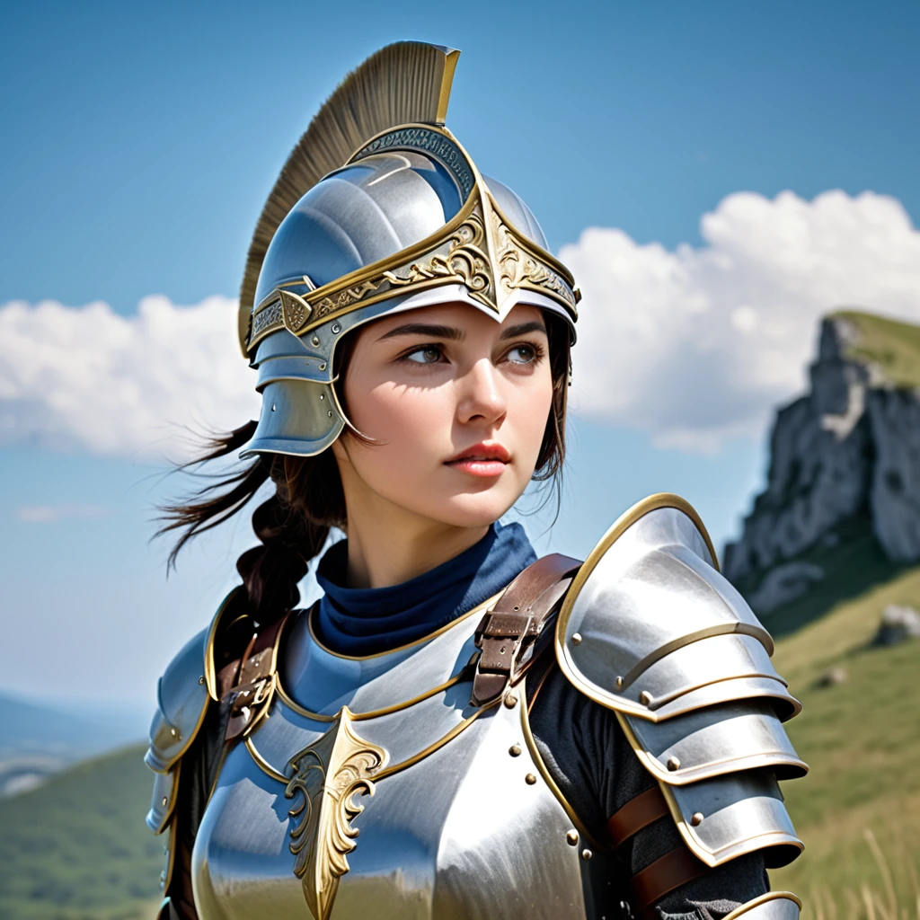 (((A baptized female knight from the future)))、(Absurd, Best HD images, Attention to detail and texture, Very detailed image, Solo characters only,  aesthetics) {{(One character: Adult female infantry knight), (Face under helmet visor), (Greek-style silver-colored steel helmet with gold trim, Silver-grey helmet ponytail, Large, eye-catching silver epaulettes, Bulky silver breastplate, Silver Steel Elbow Plate, Silver Steel Gauntlet, Silver steel armor waist, Golden Belt, Silver Steel Boots, A large silver sword with a long, sharp blade.), (Hall々A pose,), (Green Hill Plain, Sunny blue sky)}}