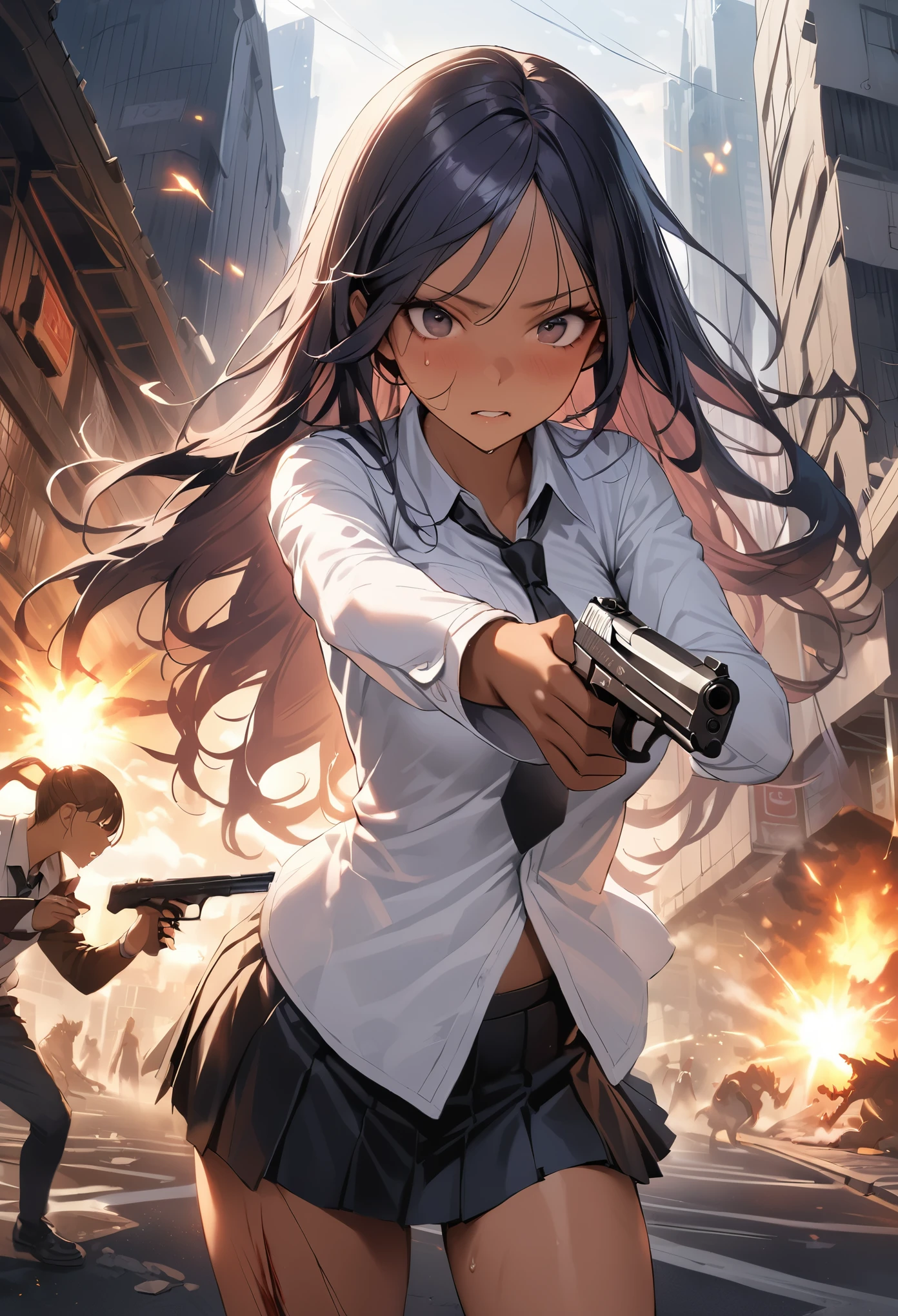 (Woman and monster fight scene),((masterpiece,Highest quality:1.3,best quality illustration)),realistic,cowboy shot,1woman,(22 year old beauty),((very small head:1.4)),ideal ratio body proportions,dark blue hair,straight long hair,bangs,black eyes,gorgeous big eyes,((tan skin,skinny,Injury)),(Torn clothing、Black tie、White collared shirt、Long sleeve、Black pleated mini skirt)),medium breasts,gleaming skin,slender body,sweat,(Detailed handgun,Firing stance),on street,(Multiple Monsters)、Collapsed Buildings、Tokyo、