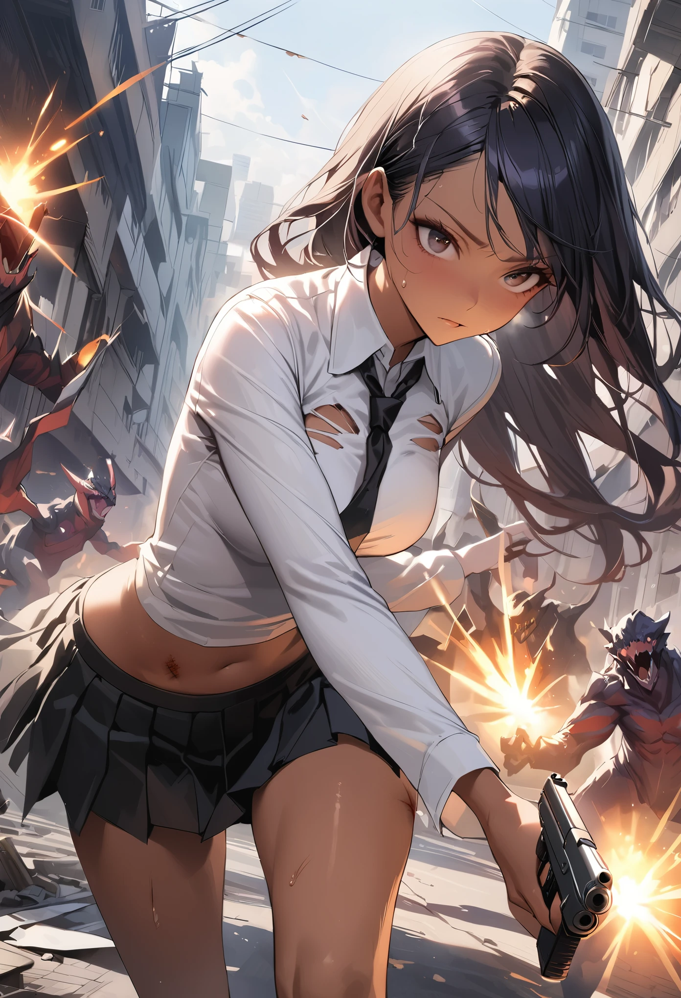 (Woman and monster fight scene),((masterpiece,Highest quality:1.3,best quality illustration)),realistic,cowboy shot,1woman,(22 year old beauty),((very small head:1.4)),ideal ratio body proportions,dark blue hair,straight long hair,bangs,black eyes,gorgeous big eyes,((tan skin,skinny,Injury)),(Torn clothing、Black tie、White collared shirt、Long sleeve、Black pleated mini skirt)),medium breasts,gleaming skin,slender body,sweat,(Detailed handgun,Firing stance),on street,(Multiple Monsters)、Collapsed Buildings、Tokyo、