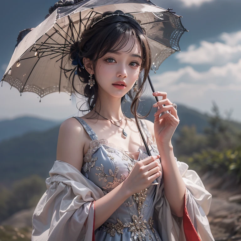 A woman holding a parasol stands on top of a hill、Gothic Dress、青空と雲1 girl, Highest quality, masterpiece, Ultra-high resolution, (Realistic:1.4), RAW Photos, 1 girl, Cinema Lighting,((Highest quality、masterpiece、8k、Best image quality、Ultra-high resolution、Award-winning works)、(Accurate anatomy:1.1)、Highly detailed face、Attention to detail、double eyelid、Sharp focus:1.2、Beautiful woman:1.4、Highest quality、masterpiece、Ultra-high resolution、(Realistic:1.4)、Highly detailed and professionally lit smiles、Serious expression、Two Arms, Complete Hそして, Beautiful body, Beautiful fingers, Normal finger, Five Fingers, Five Fingers, (Thumb Index Finger Ring Finger), Beautiful ears、 Normal ear, Beautiful Eyes, Shining Eyes, Beautiful mouth, Beautiful Lips,