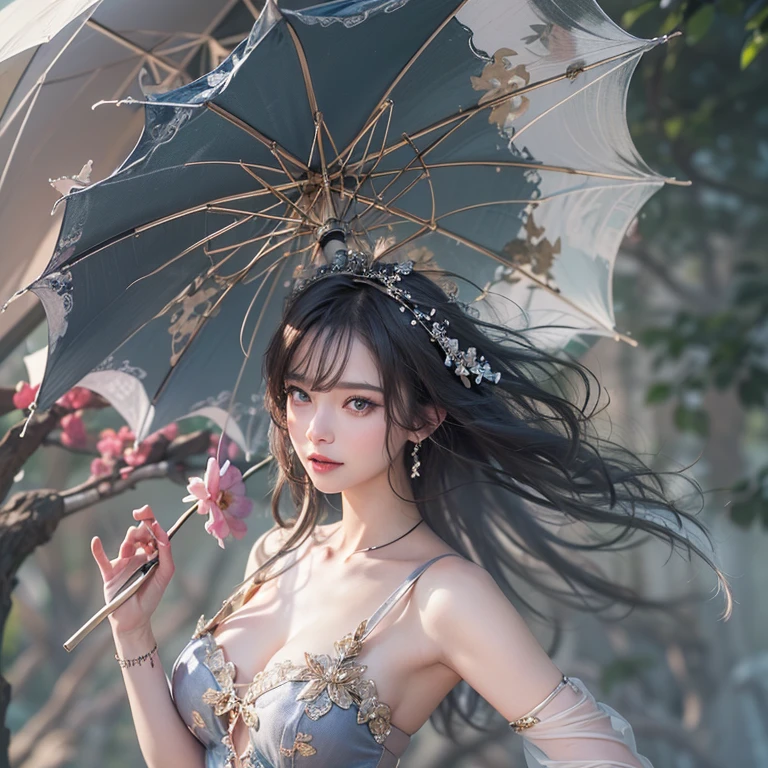 A woman holding a parasol stands on top of a hill、Gothic Dress、青空と雲1 girl, Highest quality, masterpiece, Ultra-high resolution, (Realistic:1.4), RAW Photos, 1 girl, Cinema Lighting,((Highest quality、masterpiece、8k、Best image quality、Ultra-high resolution、Award-winning works)、(Accurate anatomy:1.1)、Highly detailed face、Attention to detail、double eyelid、Sharp focus:1.2、Beautiful woman:1.4、Highest quality、masterpiece、Ultra-high resolution、(Realistic:1.4)、Highly detailed and professionally lit smiles、Serious expression、Two Arms, Complete Hそして, Beautiful body, Beautiful fingers, Normal finger, Five Fingers, Five Fingers, (Thumb Index Finger Ring Finger), Beautiful ears、 Normal ear, Beautiful Eyes, Shining Eyes, Beautiful mouth, Beautiful Lips,