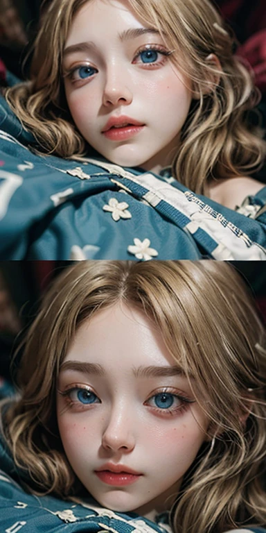 (masterpiece: 1.2, Portraiture, Highest quality), Realistic, (Live Action, Intricate details, Written boundary depth), Highest quality, masterpiece, Attention to detail, semi-Realistic, Sleeping in bed, shy, 21 years old, Short Blonde, Hair in the left eye, blue eyes, Royal dress, Slim figure、Canopy bed、 sleeping beauty,